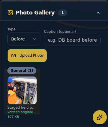Engineer App Photo Gallery with an illustrative field inspection photo attached to the job