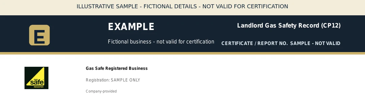 Illustrative gas safety certificate header for the fictional company Example, showing its company logo, the Gas Safe mark and a sample registration number.