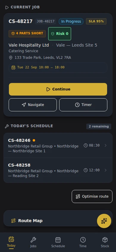 Curcle Engineer App showing the Engineer Today schedule and active job