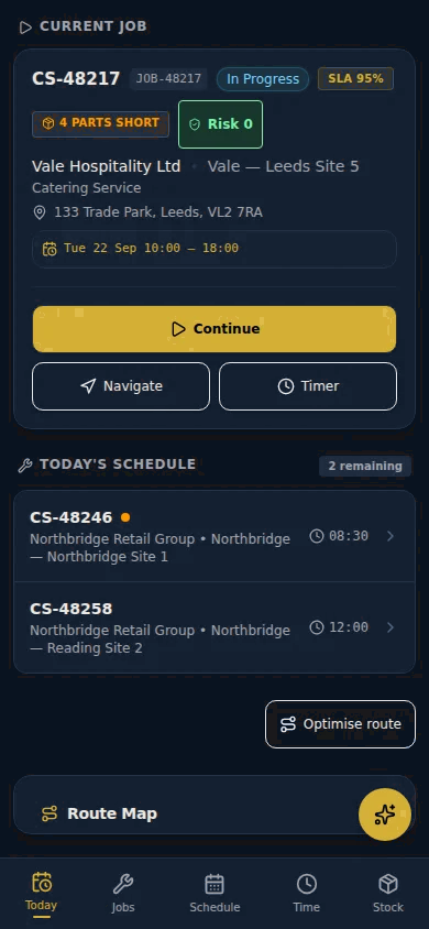 Engineer Today workspace showing current and next jobs