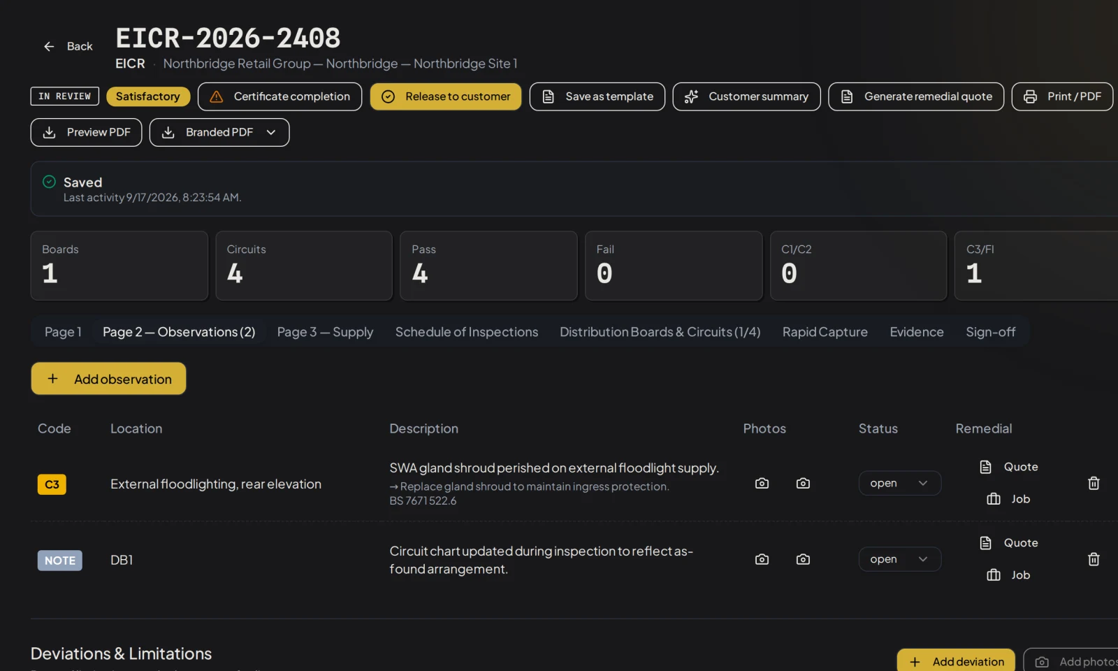 EICR observation review showing structured data and human responsibility