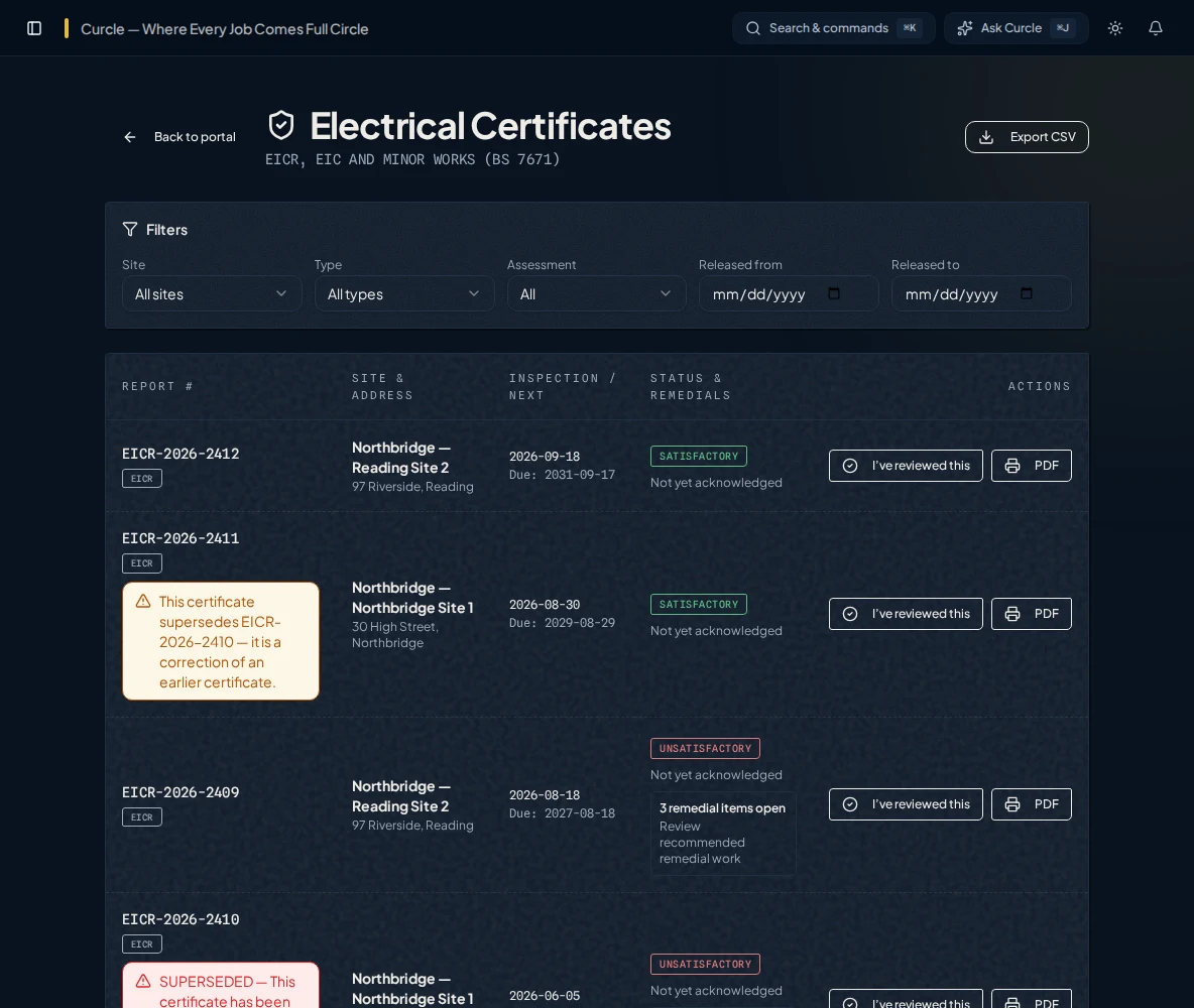 Customer-scoped portal showing a released EICR with a PDF action