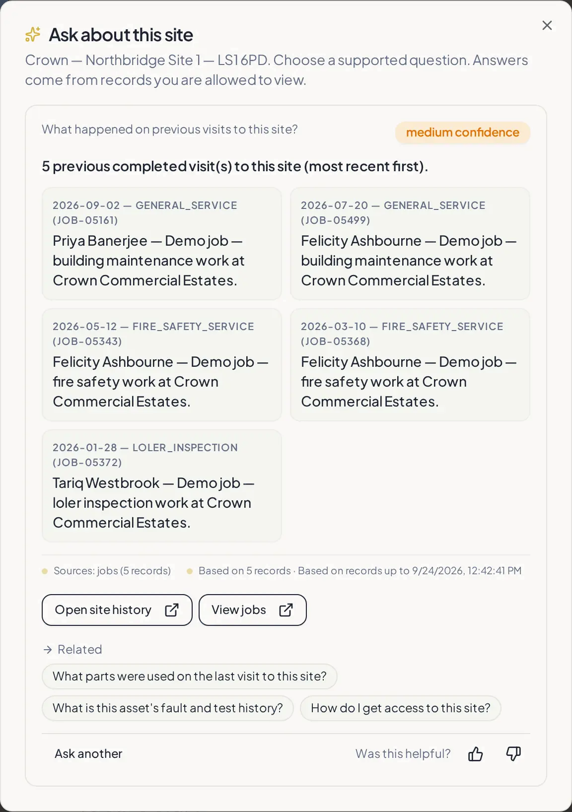 Ask Curcle showing five completed site visits, five job sources, medium confidence and links to the site history and jobs