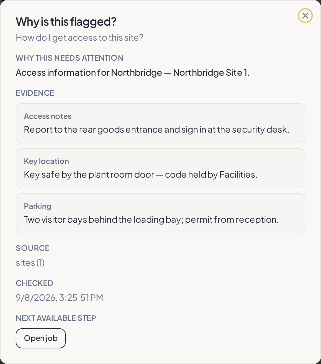 Clarity explanation showing three site-access details, a site source, checked time and an Open job action
