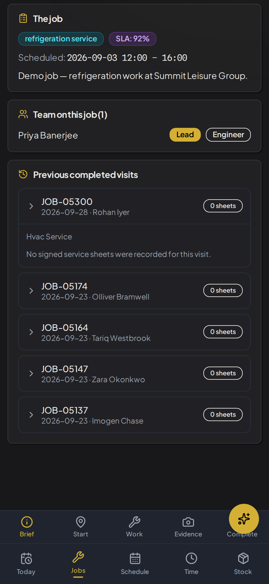 Engineer mobile view of previous completed visits to the job's site