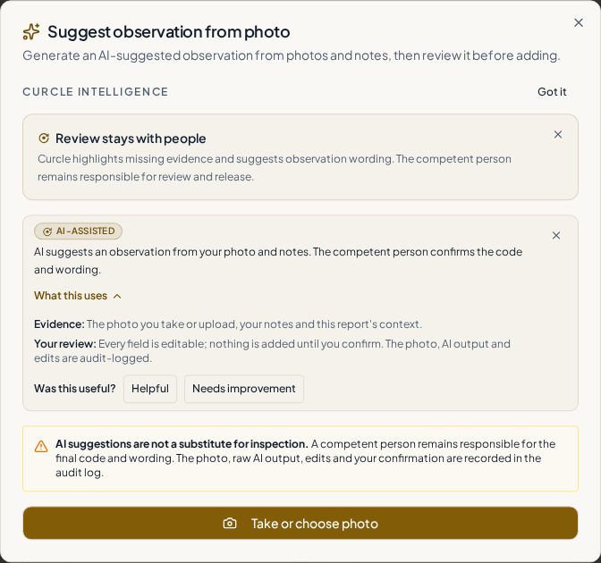 Photo-assist entry screen explaining the evidence, editable suggestions and competent-person review requirement