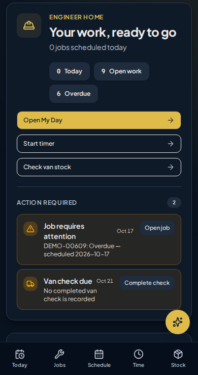 Engineer mobile home detail with job counts, day and stock shortcuts, and actions requiring attention