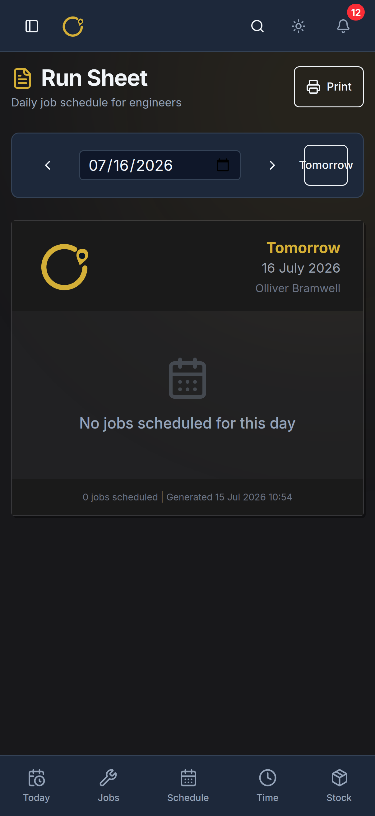 Curcle engineer app — Run sheet