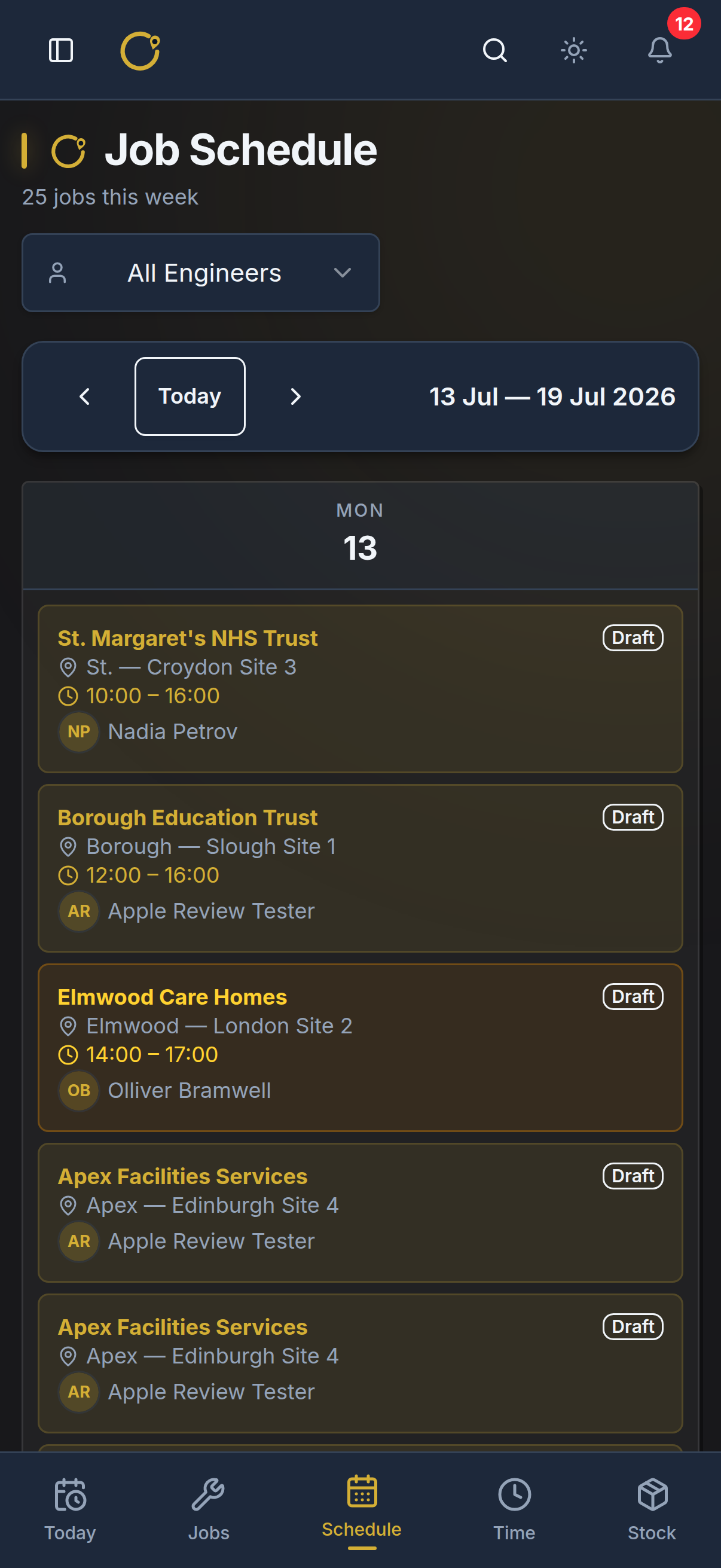 Curcle engineer app — Schedule